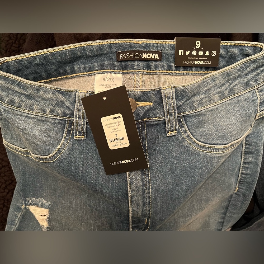 FASHION NOVA Little Miss High Rise Distressed Jeans - Light Blue Wash - Picture 9 of 9